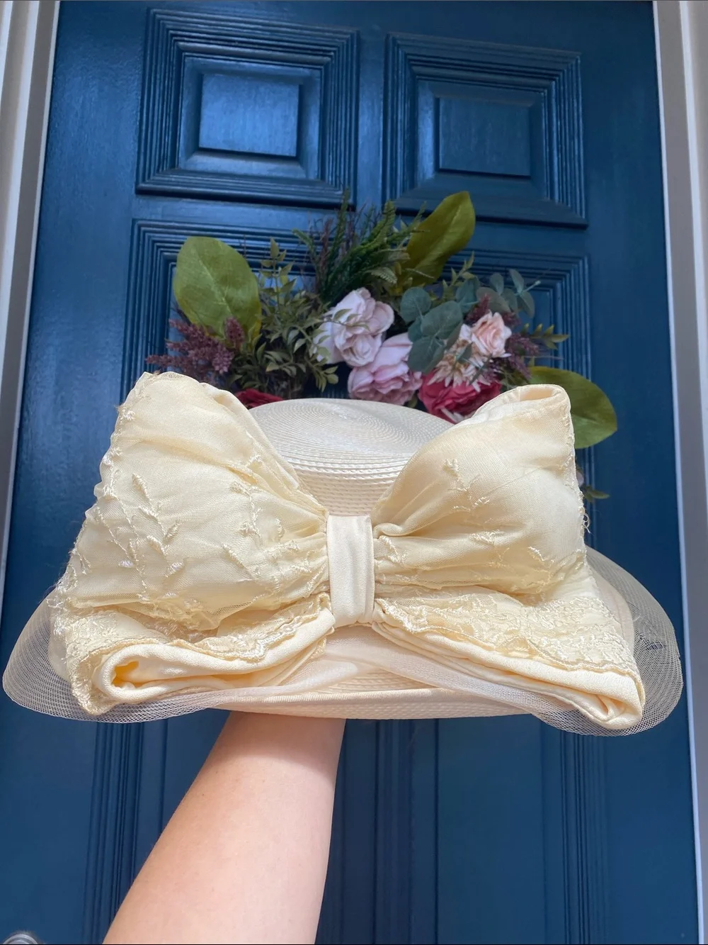 Vintage Jodi G for Sylvia Creamy Yellow Sun Hat with Ribbon Trim Kentucky Derby